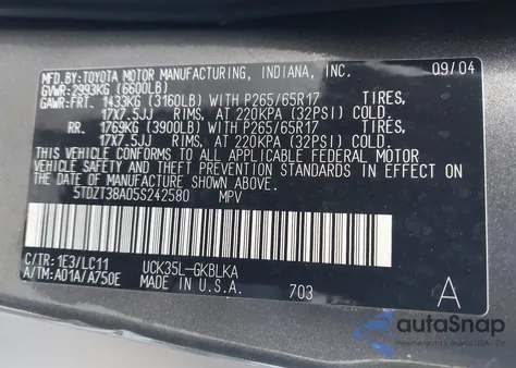 2005 Toyota Sequoia Limited V8 from USA, damaged, VIN 5TDZT38A05S242580